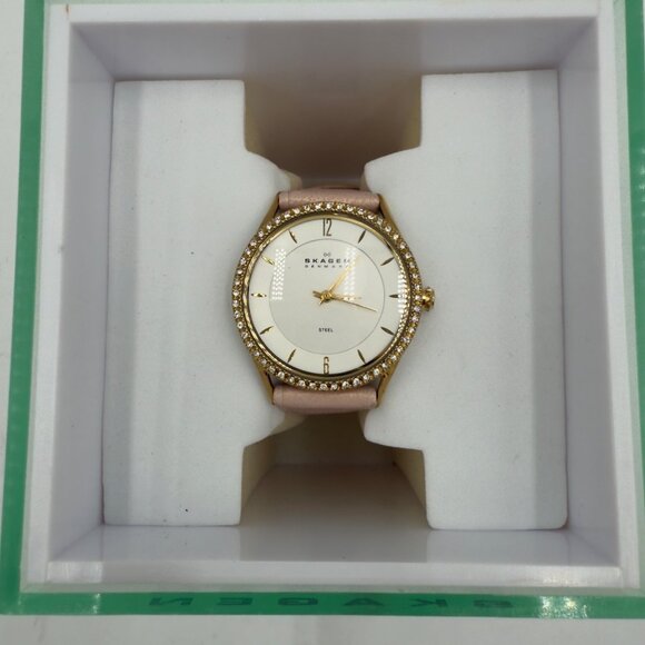 Skagen Denmark Quartz Womens Watch Pink Leather Band Silver Crystals 347SGL1 - Picture 3 of 16